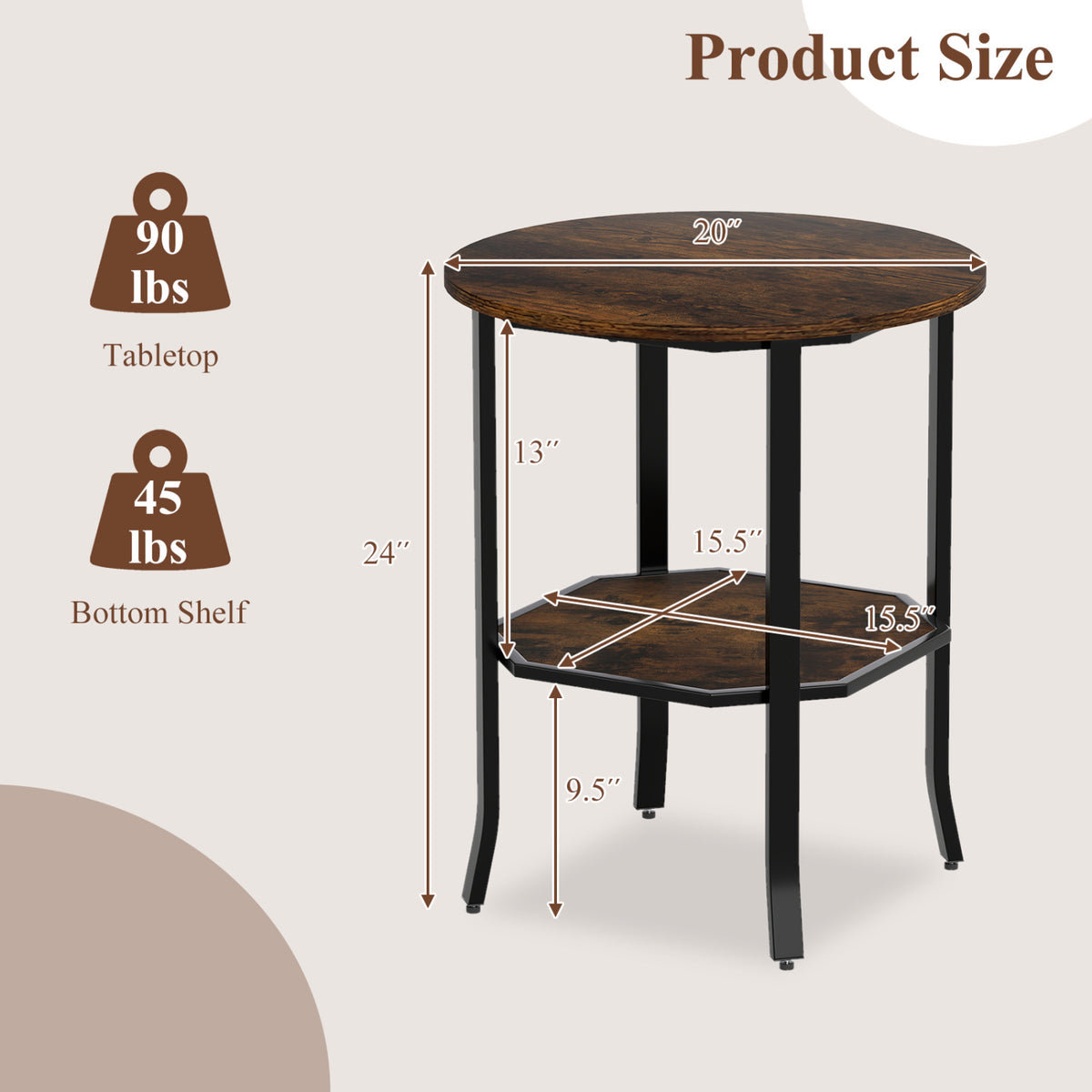 Round Side Table Small End Table with Storage Shelf 2-Tier Nightstand for Small Space