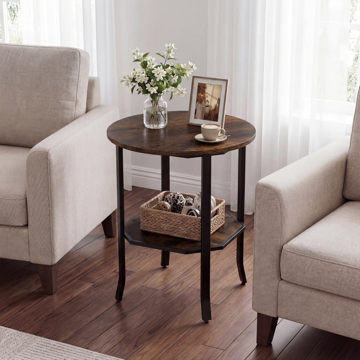 Round Side Table Small End Table with Storage Shelf 2-Tier Nightstand for Small Space