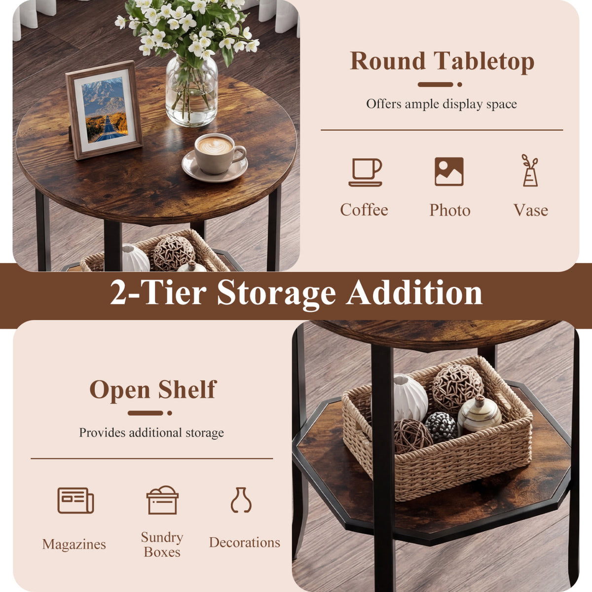 Round Side Table Small End Table with Storage Shelf 2-Tier Nightstand for Small Space