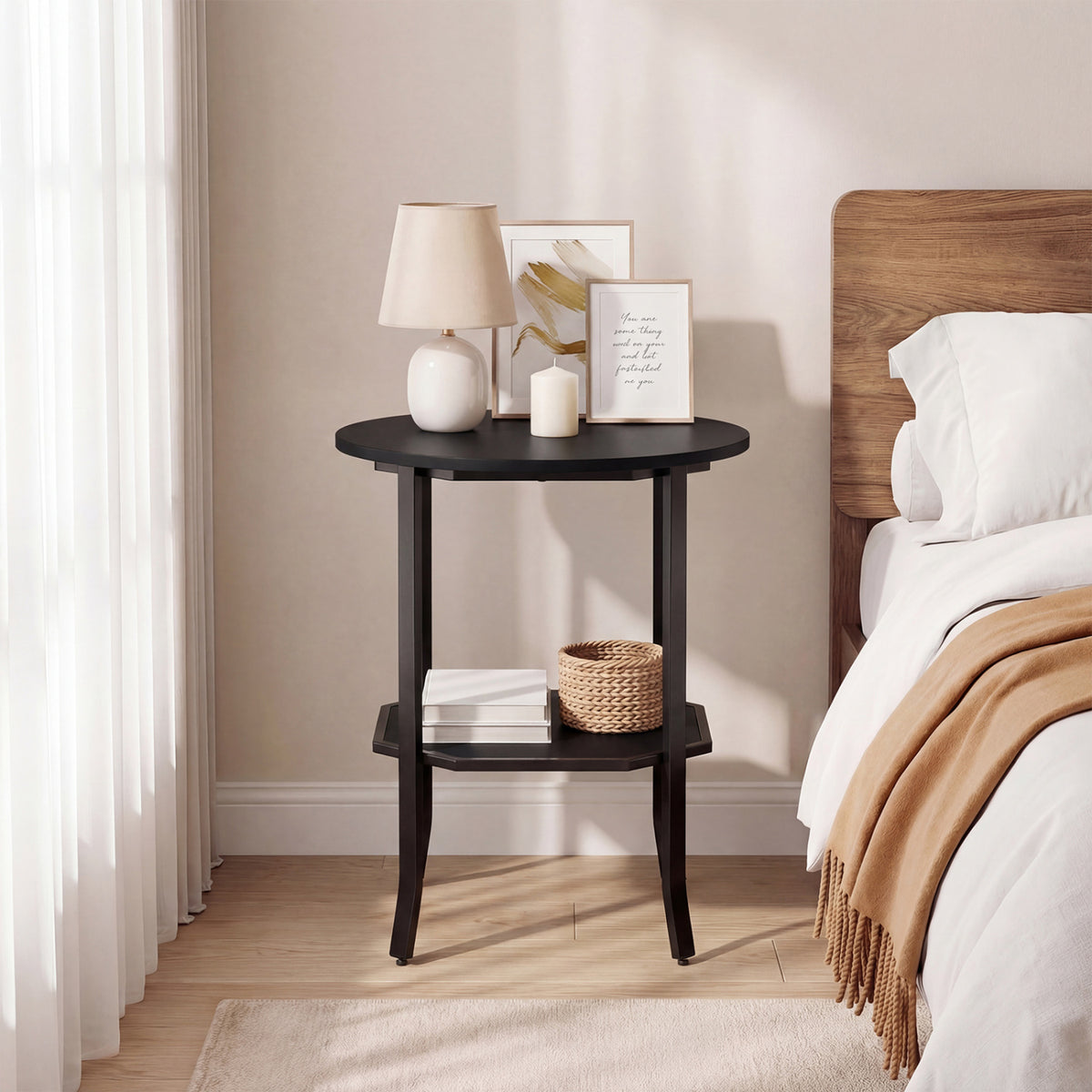 Round Side Table Small End Table with Storage Shelf 2-Tier Nightstand for Small Space