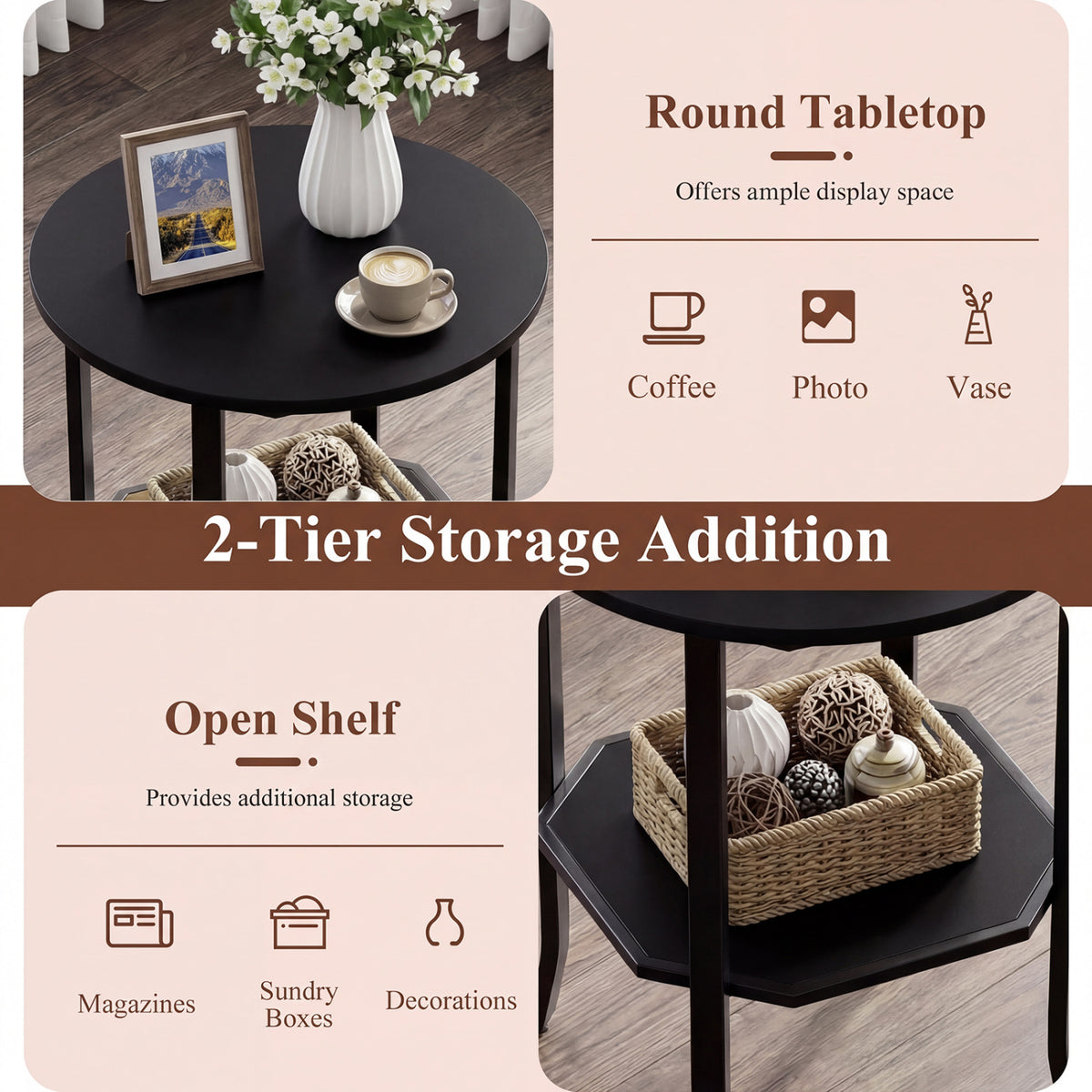 Round Side Table Small End Table with Storage Shelf 2-Tier Nightstand for Small Space