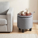 Round Storage Ottoman Linen Fabric Upholstered Footrest Stool