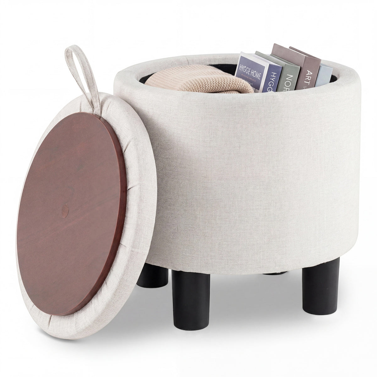 Round Storage Ottoman Linen Fabric Upholstered Footrest Stool