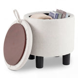 Round Storage Ottoman Linen Fabric Upholstered Footrest Stool