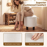 Round Storage Ottoman Linen Fabric Upholstered Footrest Stool