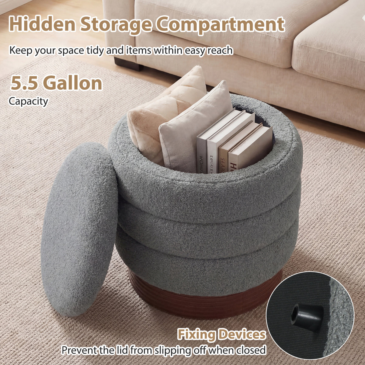 Round Storage Ottoman with Acacia Wood Frame for Living Room