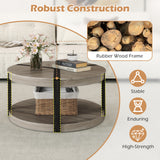 34.5" Rubber Wood 2-Tier Round Center Table with Spacious Tabletop and Storage Shelf-Gray