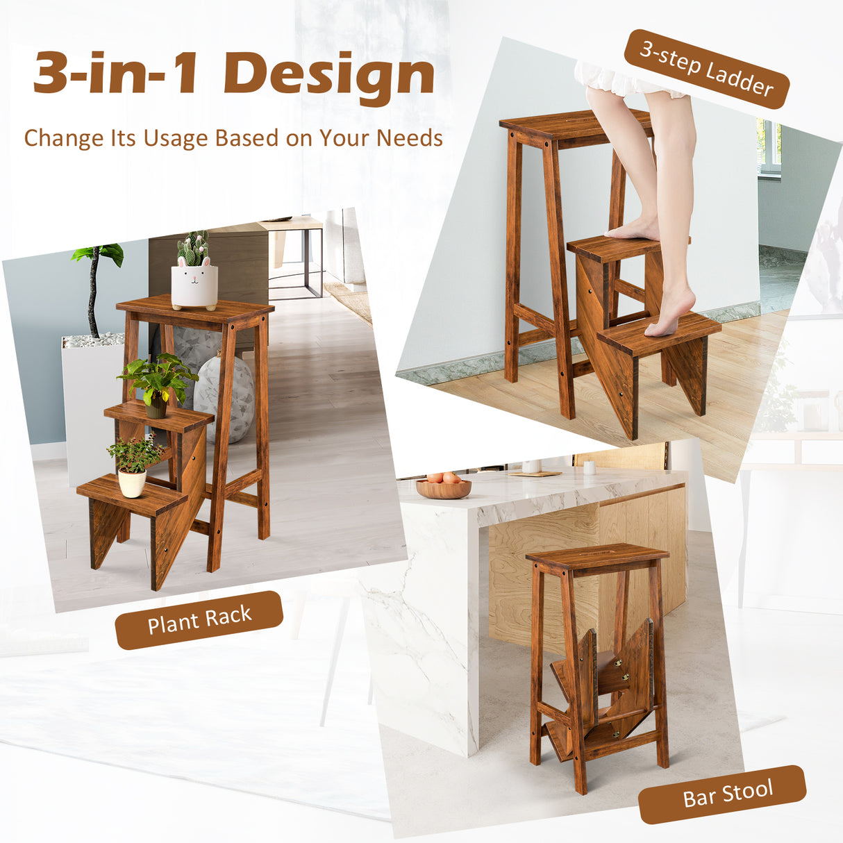 3 Tier Step Stool 3 in 1 Folding Ladder Bench