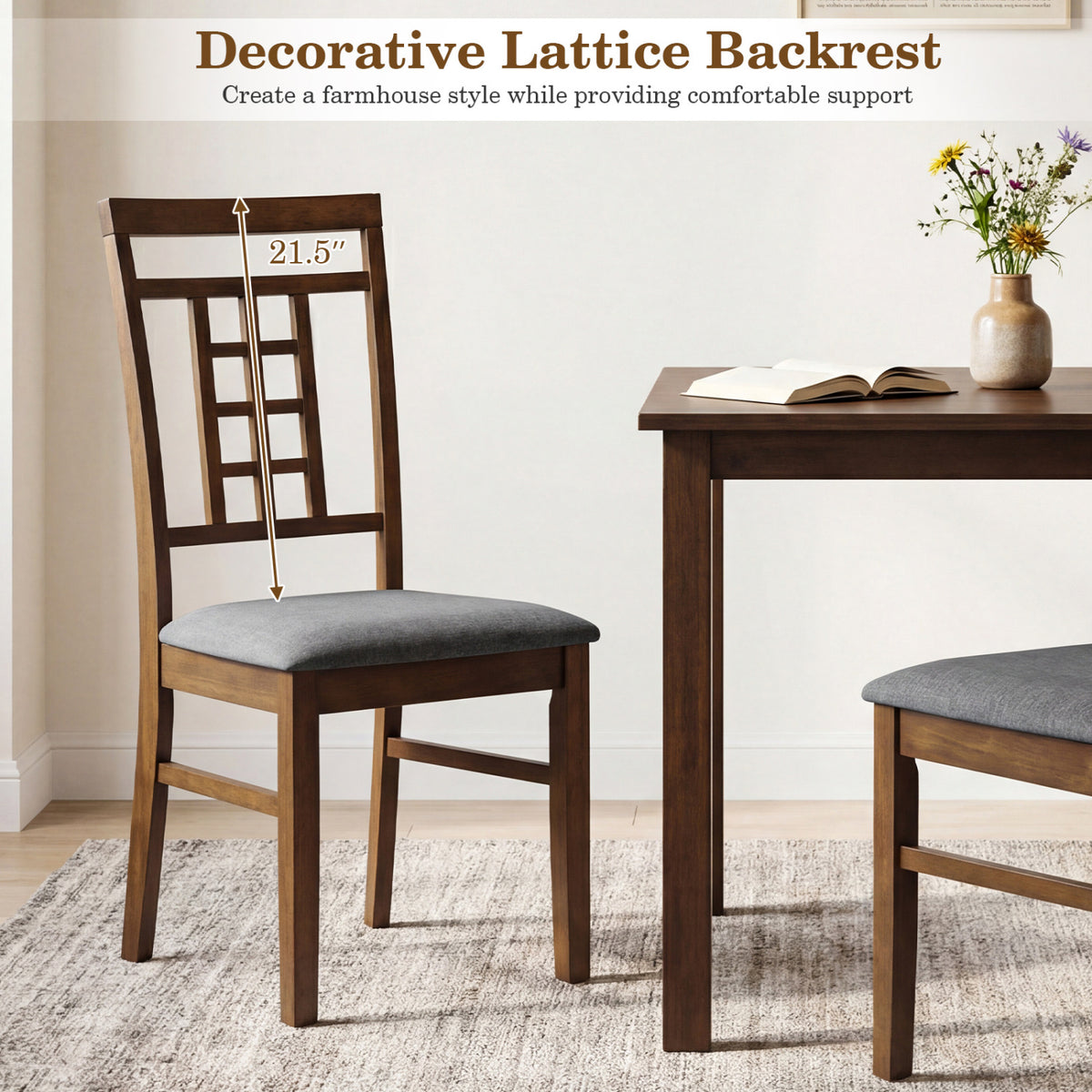 Rubber Wood Dining Chairs Set of 2 with Lattice Back-Brown