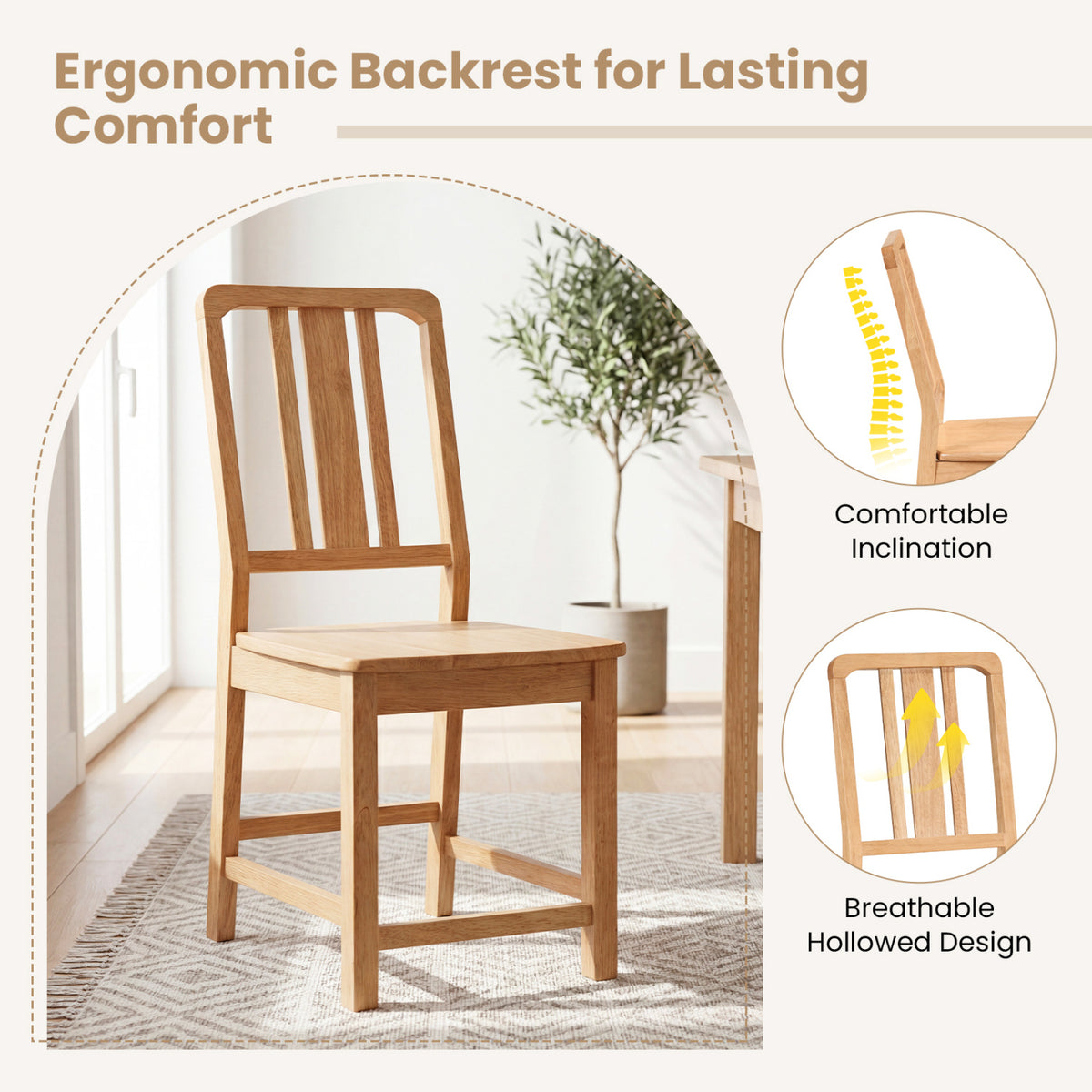 Rubber Wood Dining Chairs Set of 4 with Hollowed Backrest-Natural