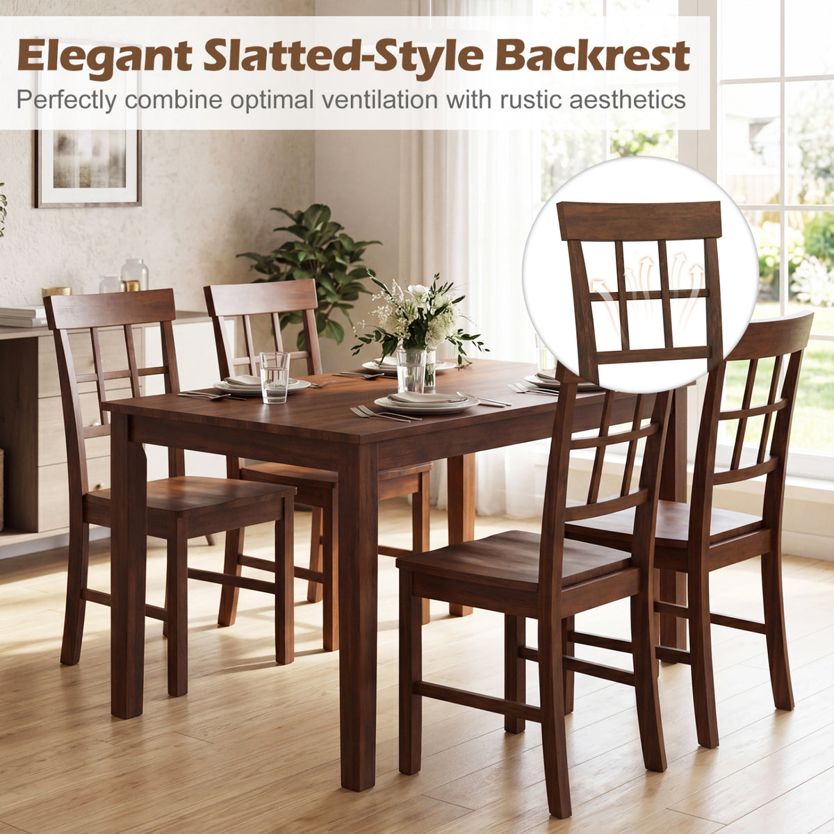 Rubber Wood Dining Chairs Set of 4 with High Backrests-Brown