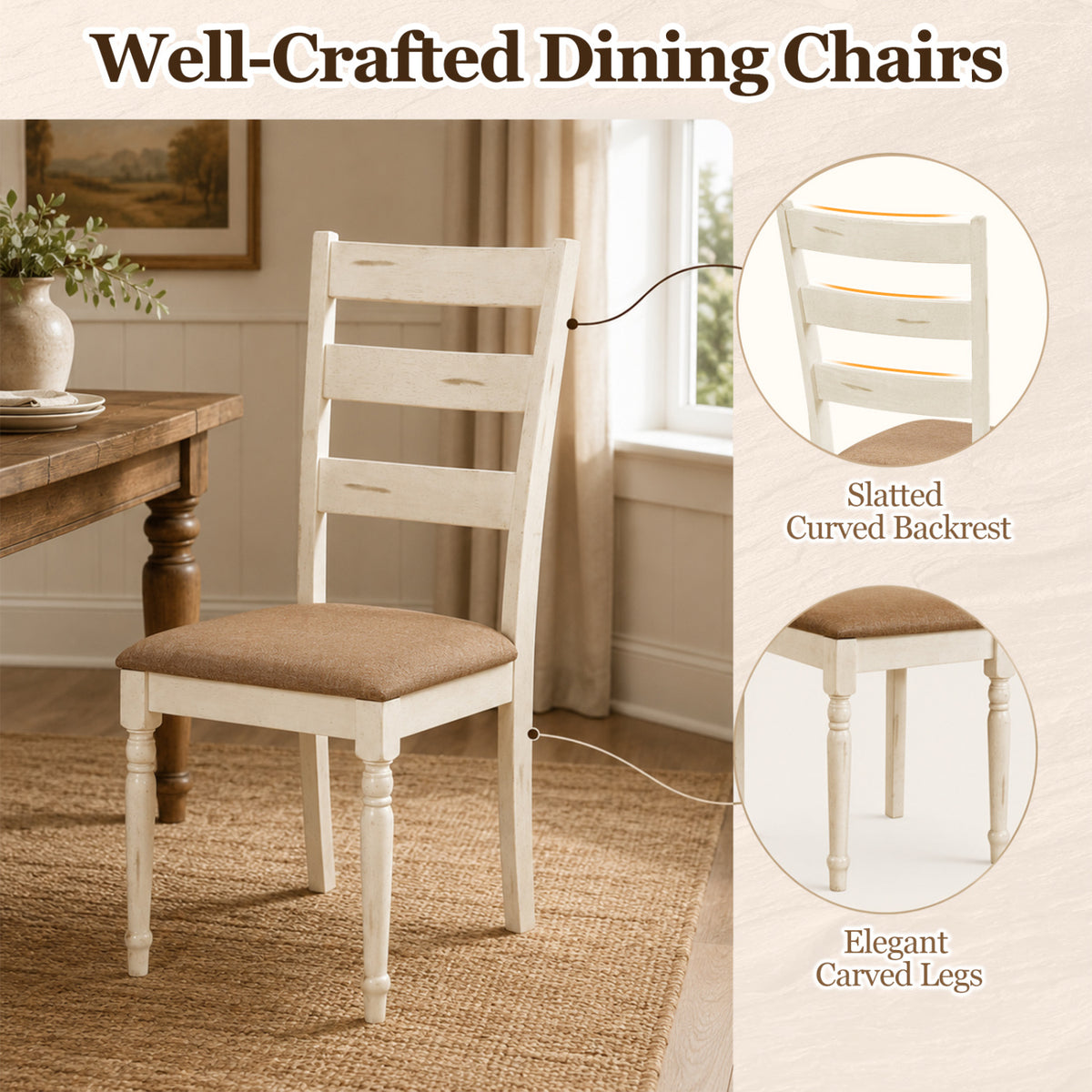 Rubber Wood Dining Chairs Set of 2 with Padded Linen Seat & Slatted Backrest-White