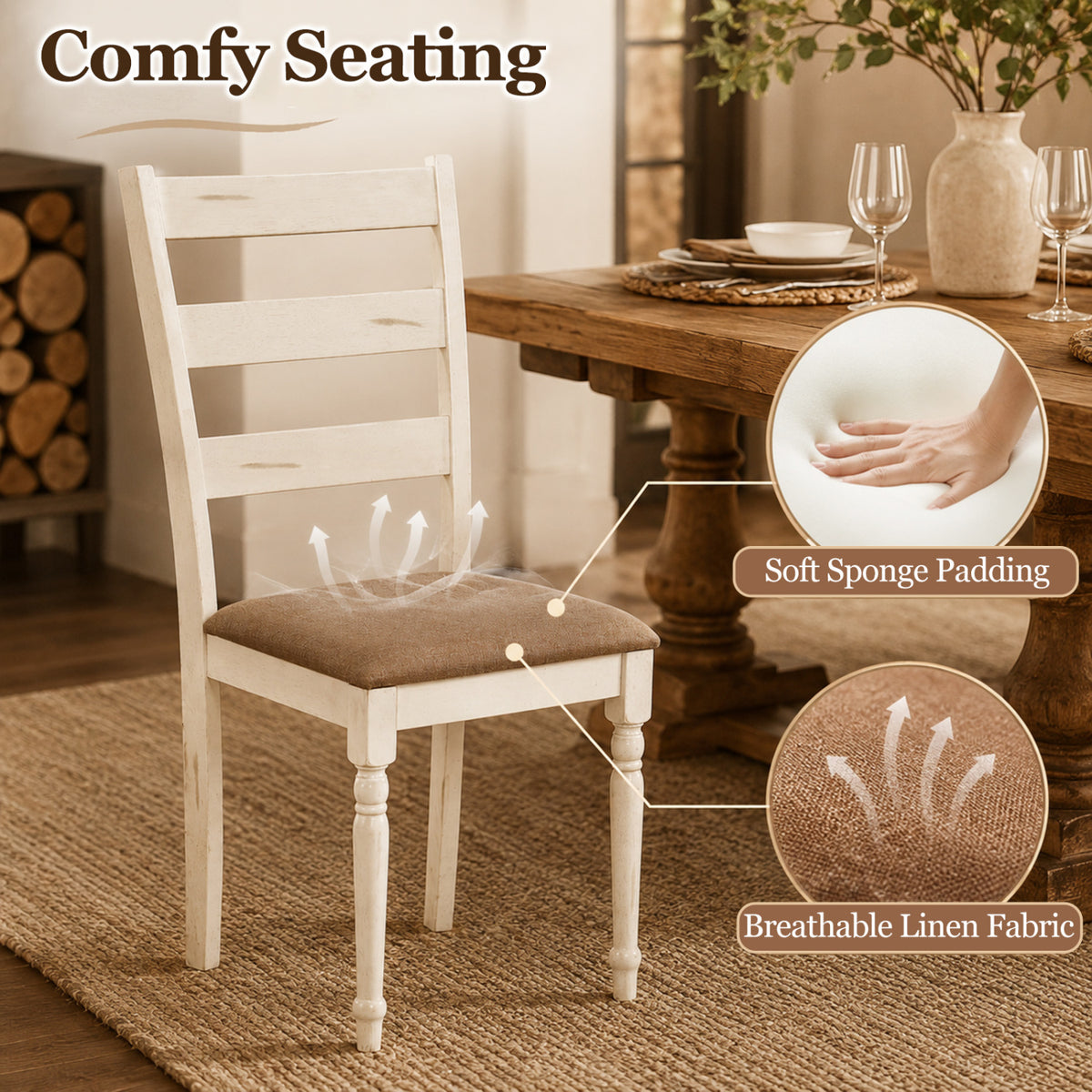 Rubber Wood Dining Chairs Set of 4 with Padded Linen Seat & Slatted Backrest-White