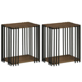 Rubber Wood Side Table Set of 2 with 2-Layer Storage Shelves and Metal Frame-Walnut