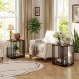 Rubber Wood Side Table Set of 2 with 2-Layer Storage Shelves and Metal Frame-Walnut