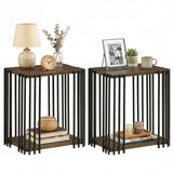 Rubber Wood Side Table Set of 2 with 2-Layer Storage Shelves and Metal Frame-Walnut