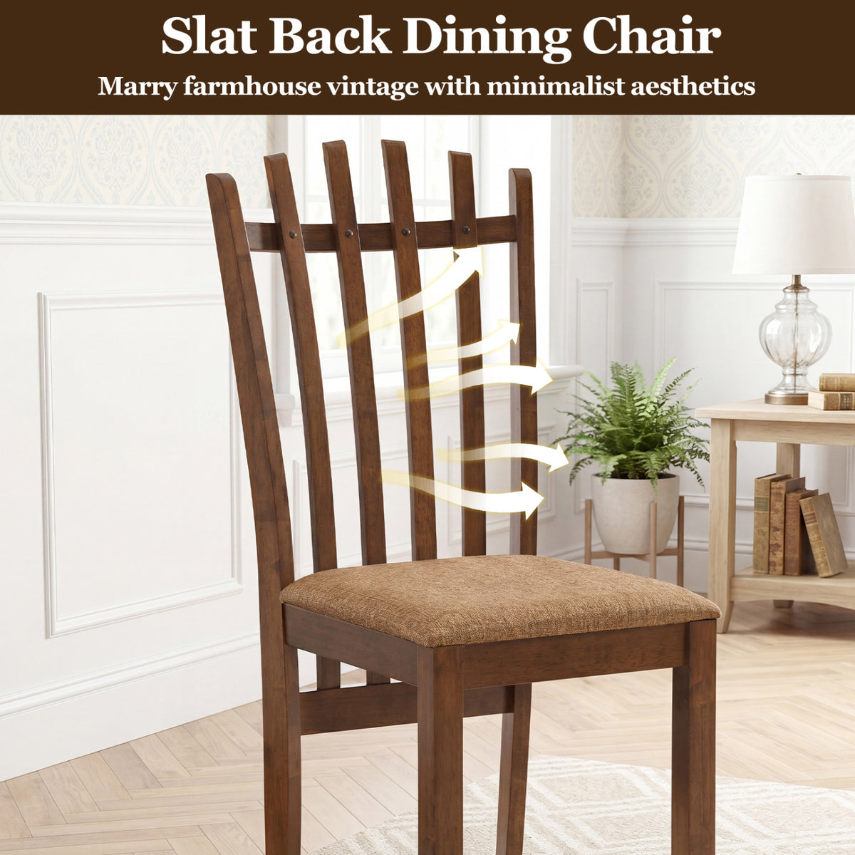Rubber Wood Slat Back Kitchen Dining Chairs Set of 4-Brown