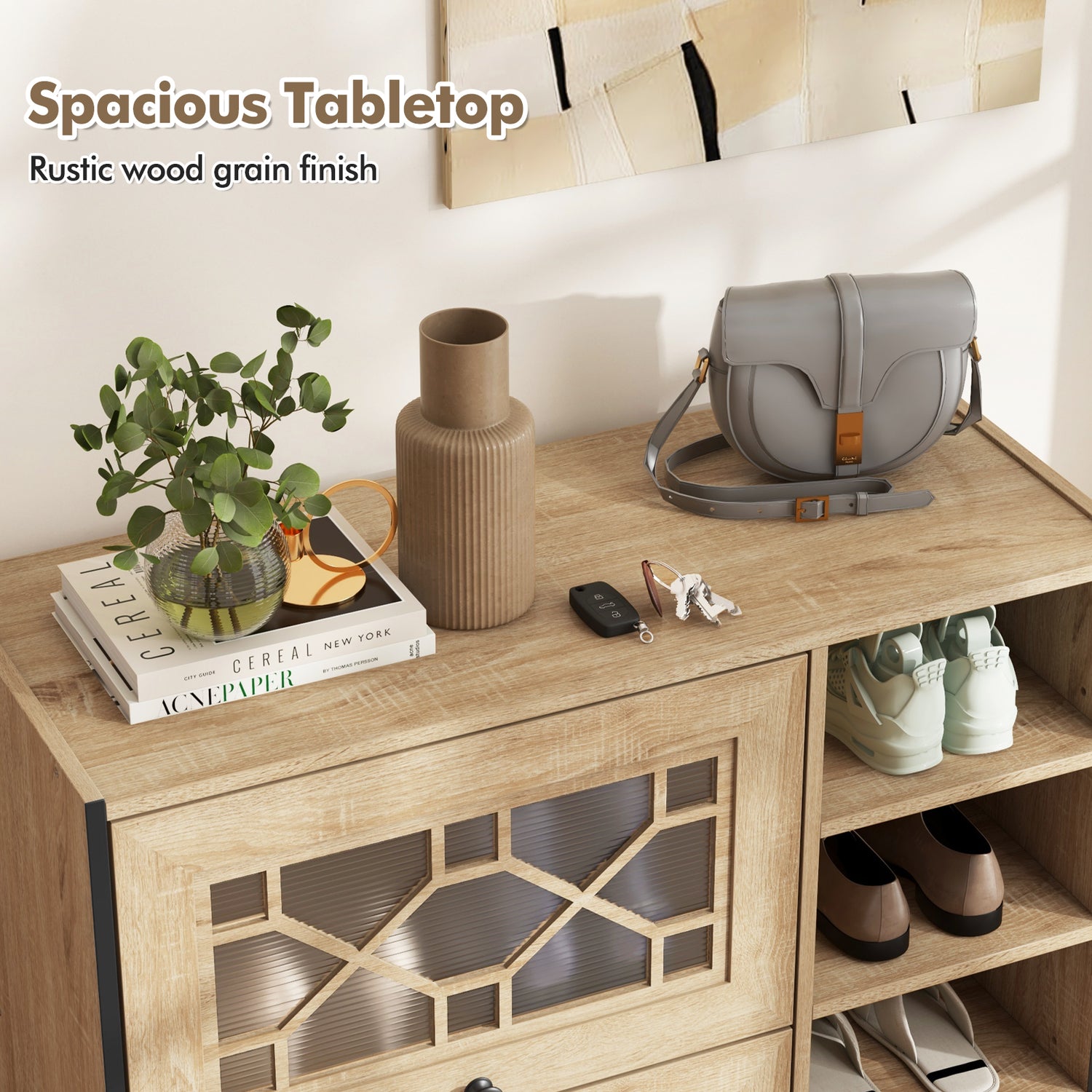 Rustic Shoe Cabinet with Flip-up See-through Doors and Adjustable Shelves-Oak
