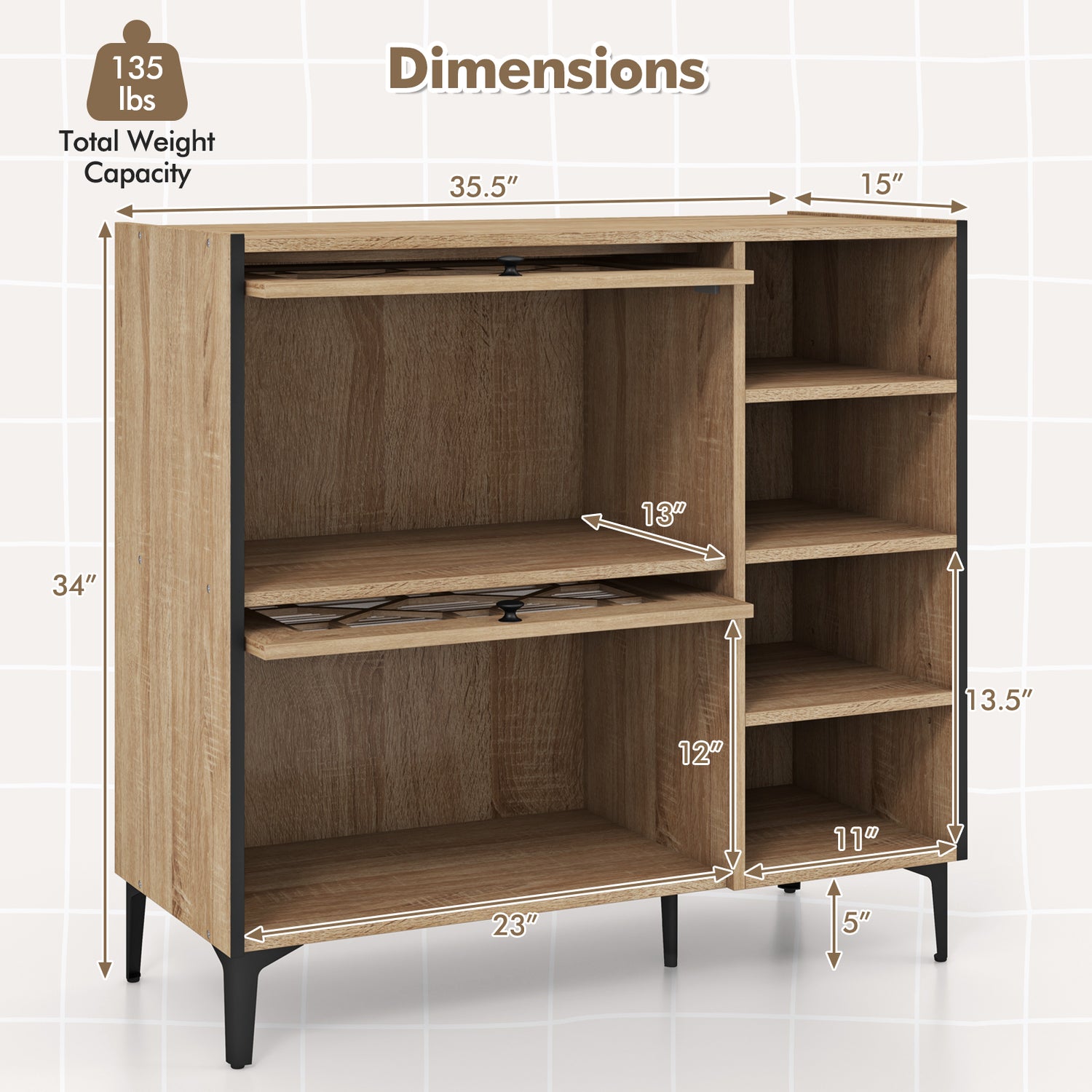 Rustic Shoe Cabinet with Flip-up See-through Doors and Adjustable Shelves-Oak