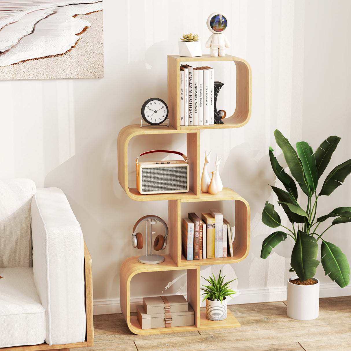 4-Tier S-Shaped Bamboo Bookcase with 4 Open Cubes for Living Room-Natural