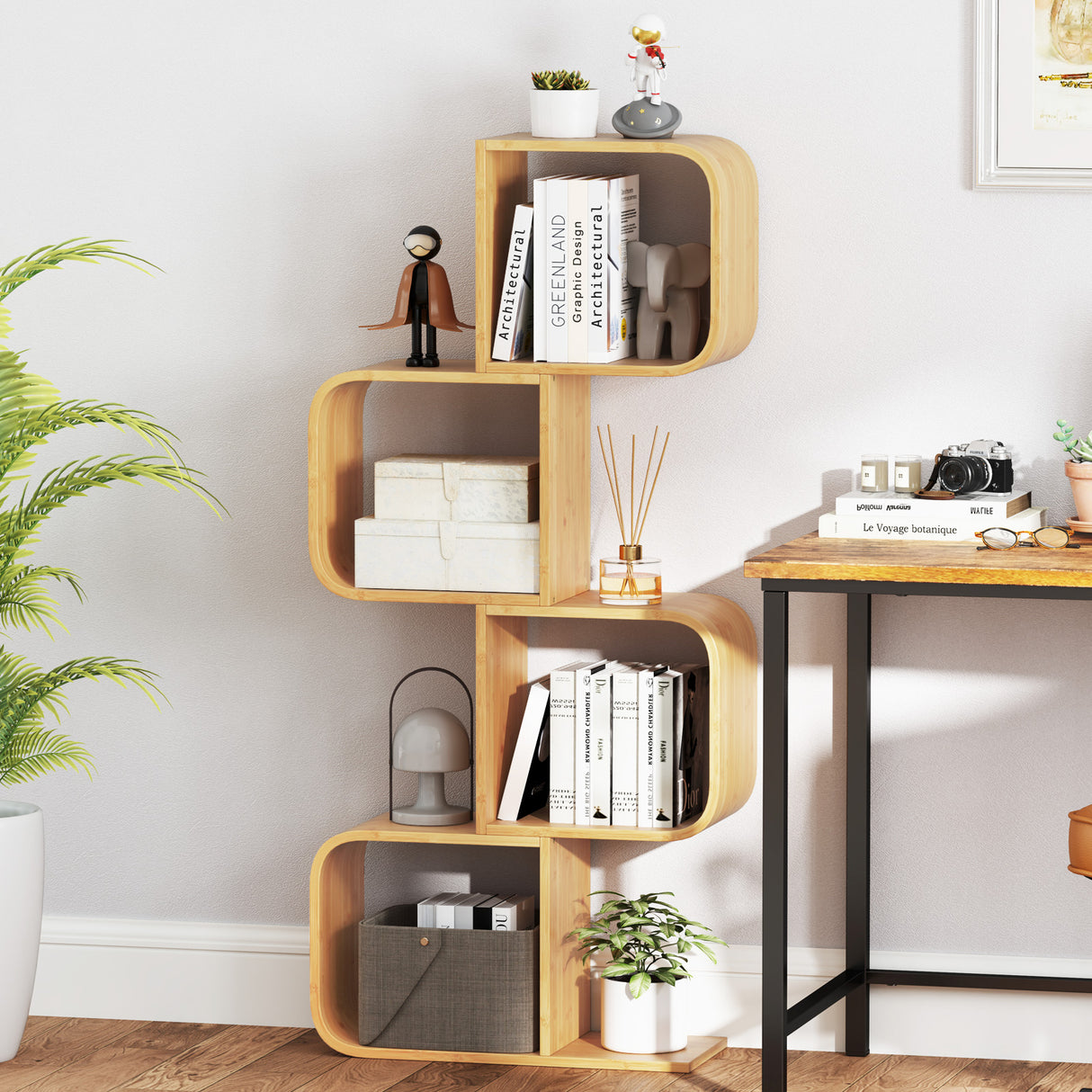 4-Tier S-Shaped Bamboo Bookcase with 4 Open Cubes for Living Room-Natural