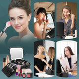 Makeup Organizer with Mirror Light 3 Adjustable Brightness Travel Train Case Cosmetic Bag Portable Storage Partition Waterproof