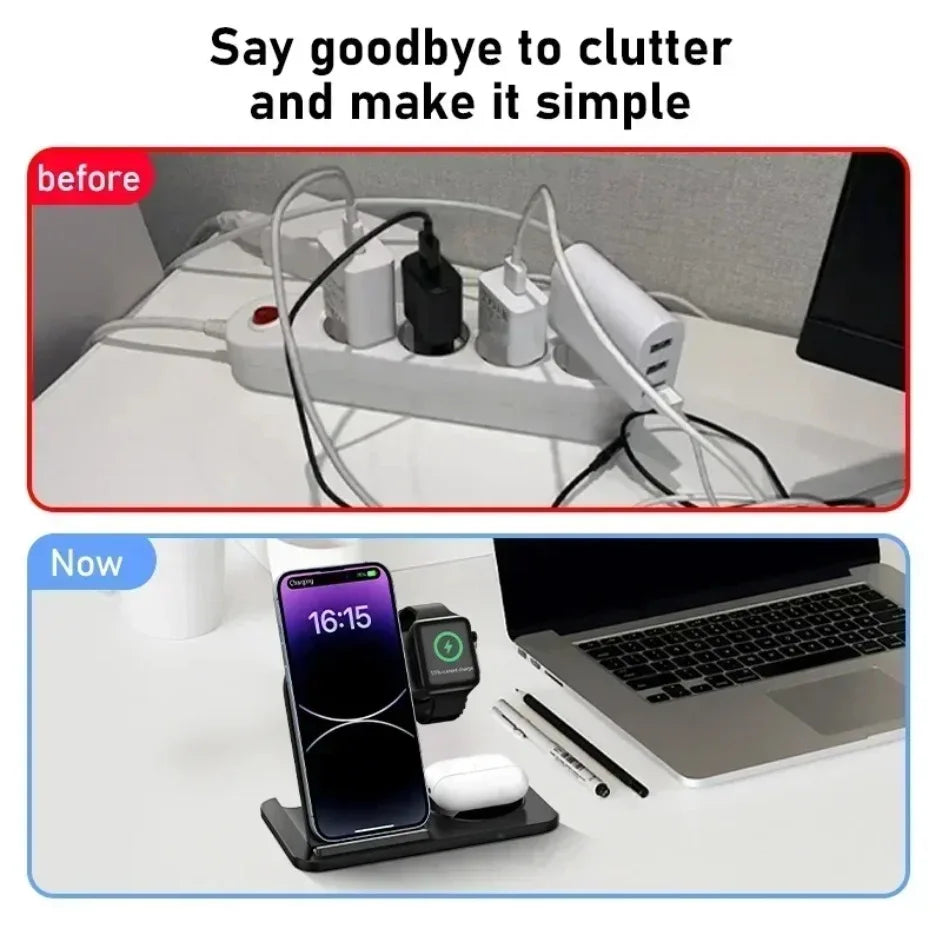 3 In 1 Wireless Charger Stand Foldable 15W Fast Wireless Charging Station Dock for iPhone 16 15 14 13 12 iWatch 9 8 7 6 Airpods