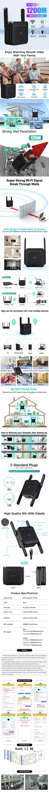FENVI 5Ghz AC1200 WiFi Repeater 1200Mbps Router Black WiFi Extender Amplifier 2.4G/5GHz Wi-Fi Signal Booster Long Range Network