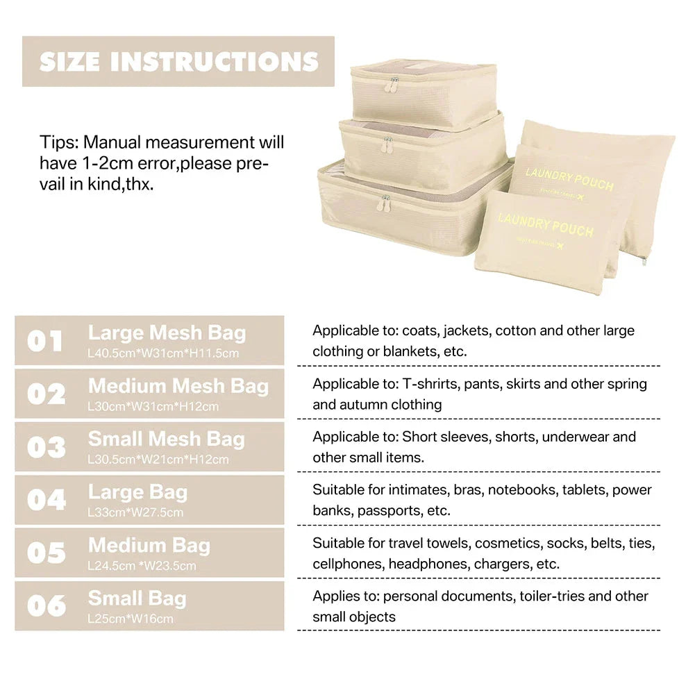 8/7/6 Pieces Set Travel Organizer Storage Bags Suitcase Packing Cubes Set Cases Portable Folding Luggage Clothes Shoe Tidy Pouch