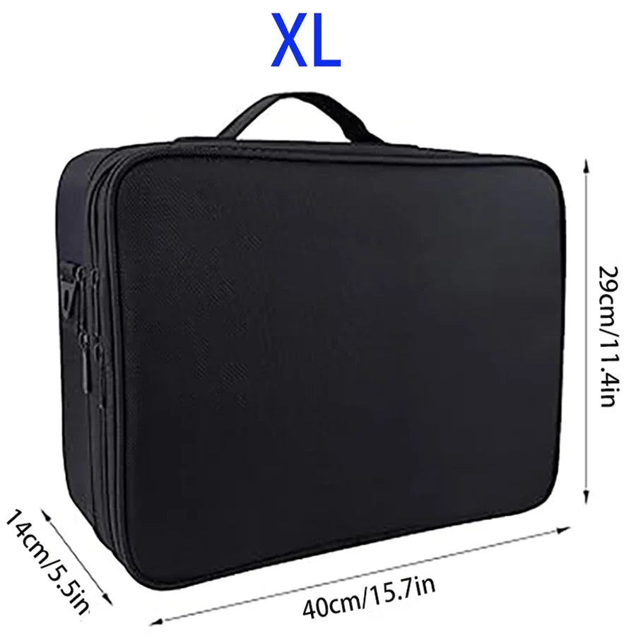 Large capacity travel makeup case, portable artist organizer with adjustable dividers and shoulder strap for toiletries jewelry