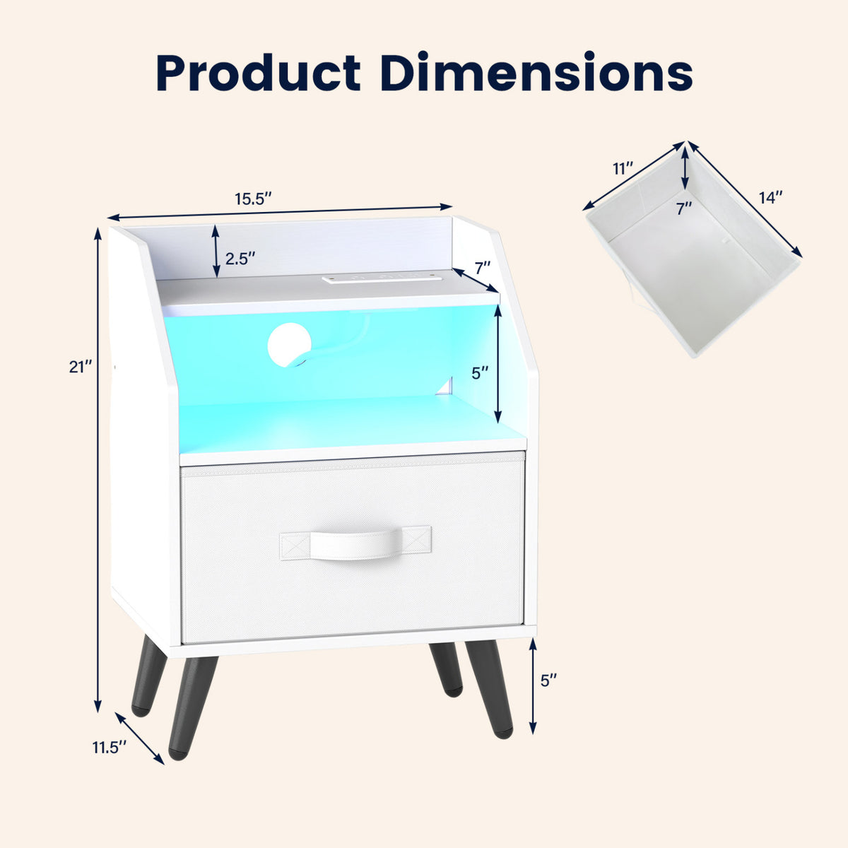 Set Of 2 Nightstands with LED Lights and Power Outlets for Living Room