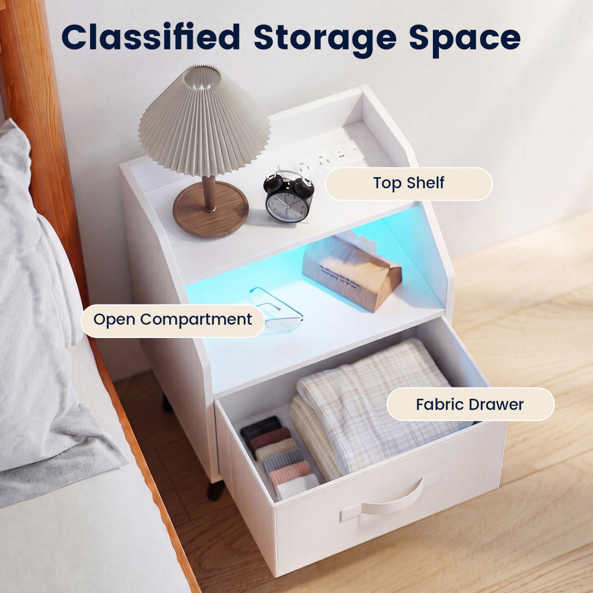 Set Of 2 Nightstands with LED Lights and Power Outlets for Living Room