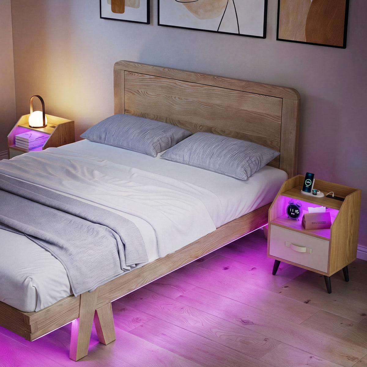 Set Of 2 Nightstands with LED Lights and Power Outlets for Living Room