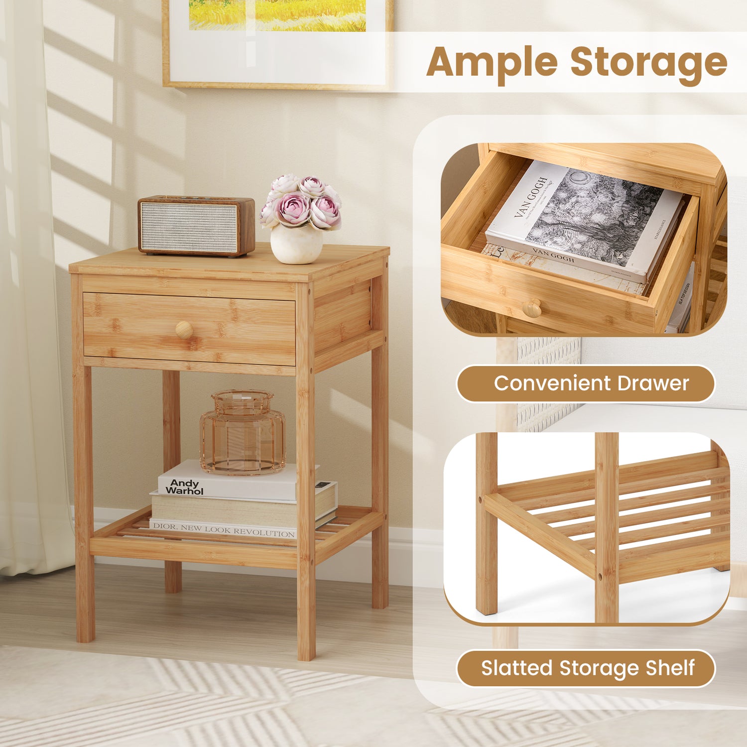 Set of 1/2 Bamboo Nightstand Bedside Table with Storage Drawer and Open Shelf