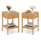 Set of 1/2 Bamboo Nightstand Bedside Table with Storage Drawer and Open Shelf