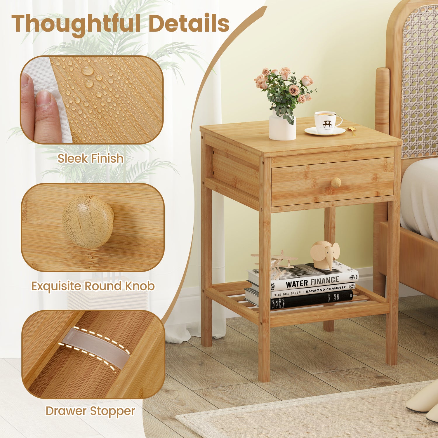 Set of 1/2 Bamboo Nightstand Bedside Table with Storage Drawer and Open Shelf