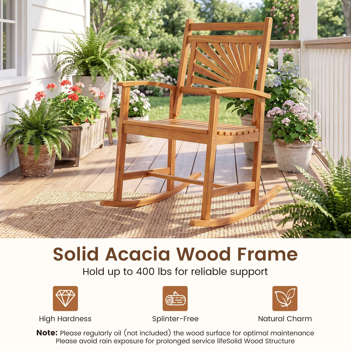 Set of 1/2 Acacia Wood Patio Rocking Chair with Curved Armrests