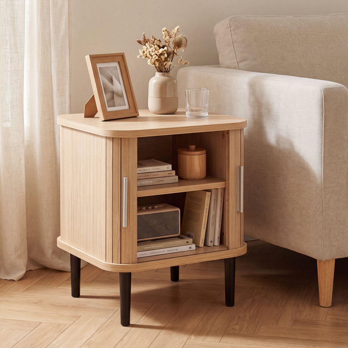 Set of 1 Fluted Nightstand with Sliding Doors and Adjustable Shelf for Small Spaces