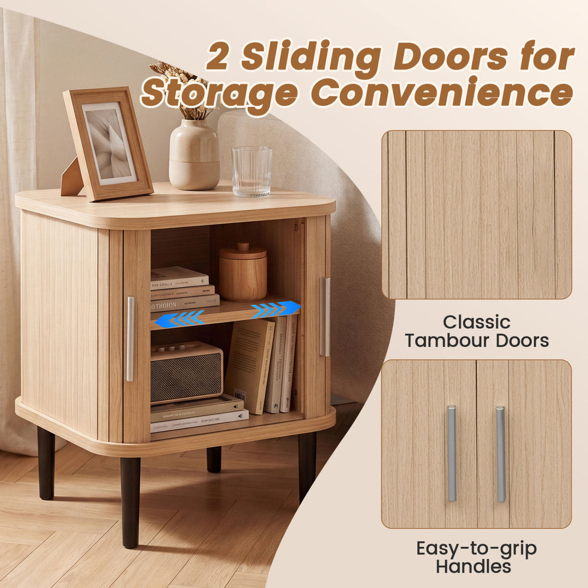 Set of 1 Fluted Nightstand with Sliding Doors and Adjustable Shelf for Small Spaces