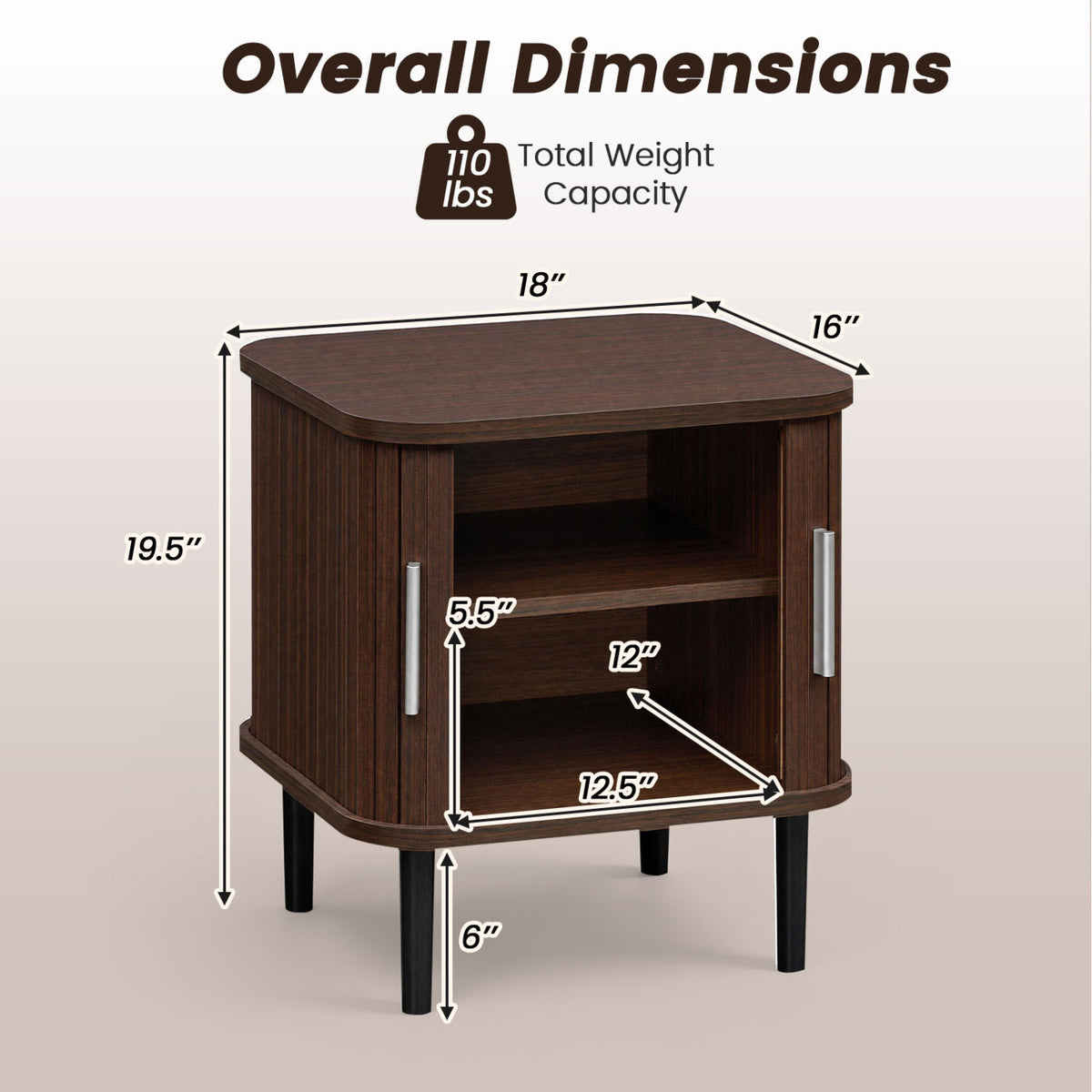 Set of 1 Fluted Nightstand with Sliding Doors and Adjustable Shelf for Small Spaces