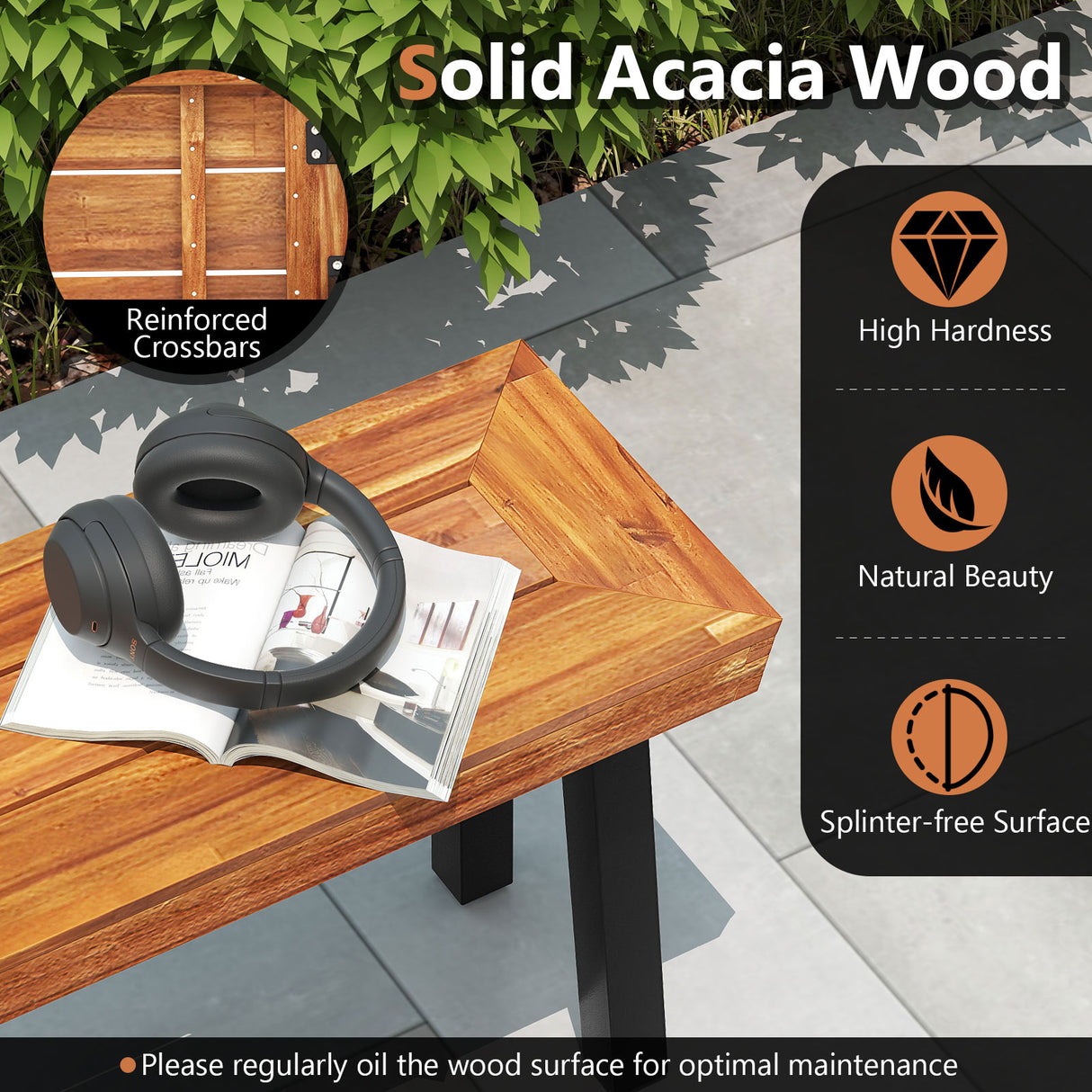 Set of 1 Outdoor Acacia Wood Benches 2-3 People Backless Garden Front Benches with Metal Frame-1 Piece