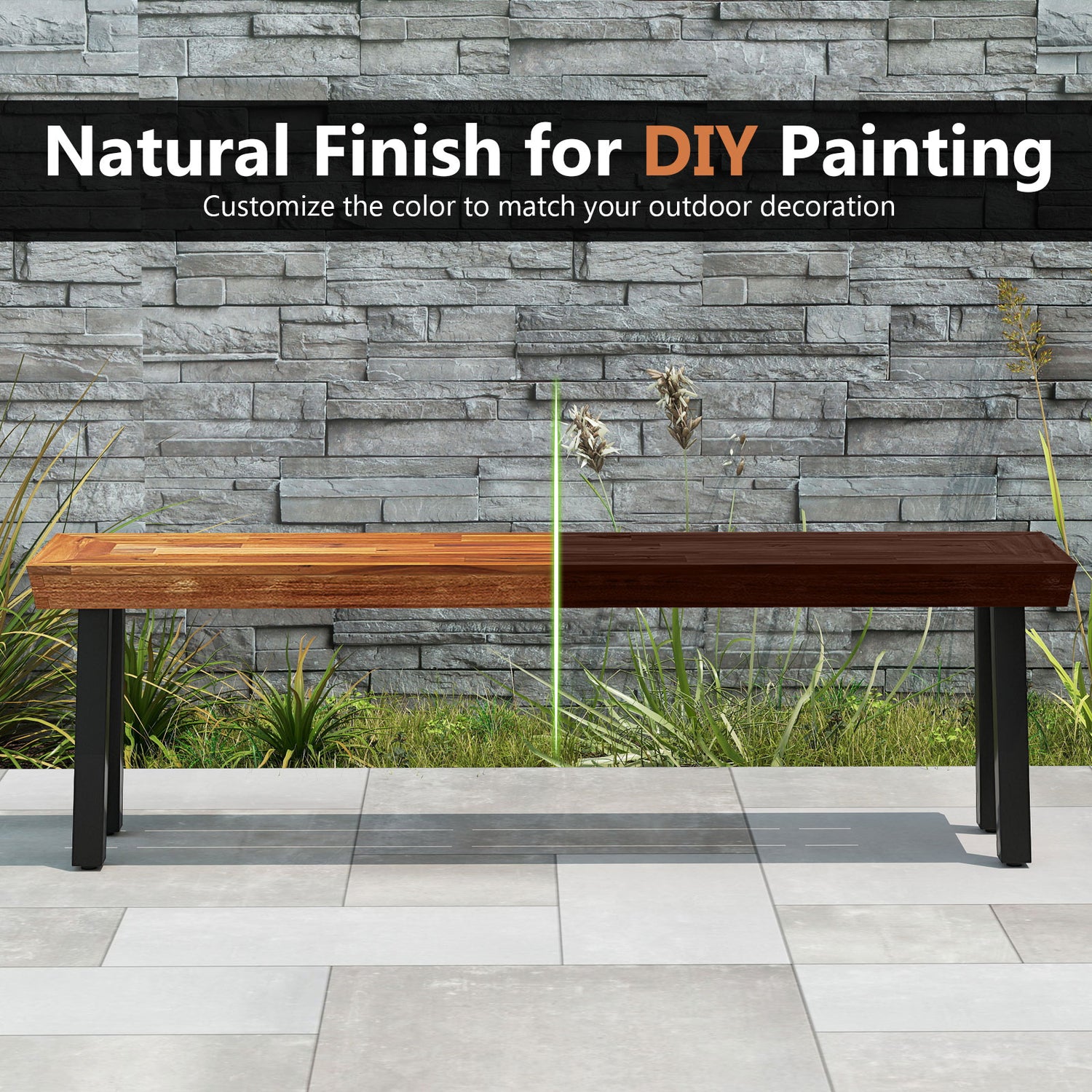 Set of 1 Outdoor Acacia Wood Benches 2-3 People Backless Garden Front Benches with Metal Frame-1 Piece