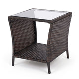 Set of 1/2 Outdoor Wicker Side Table with Tempered Glass Top and Storage Shelf