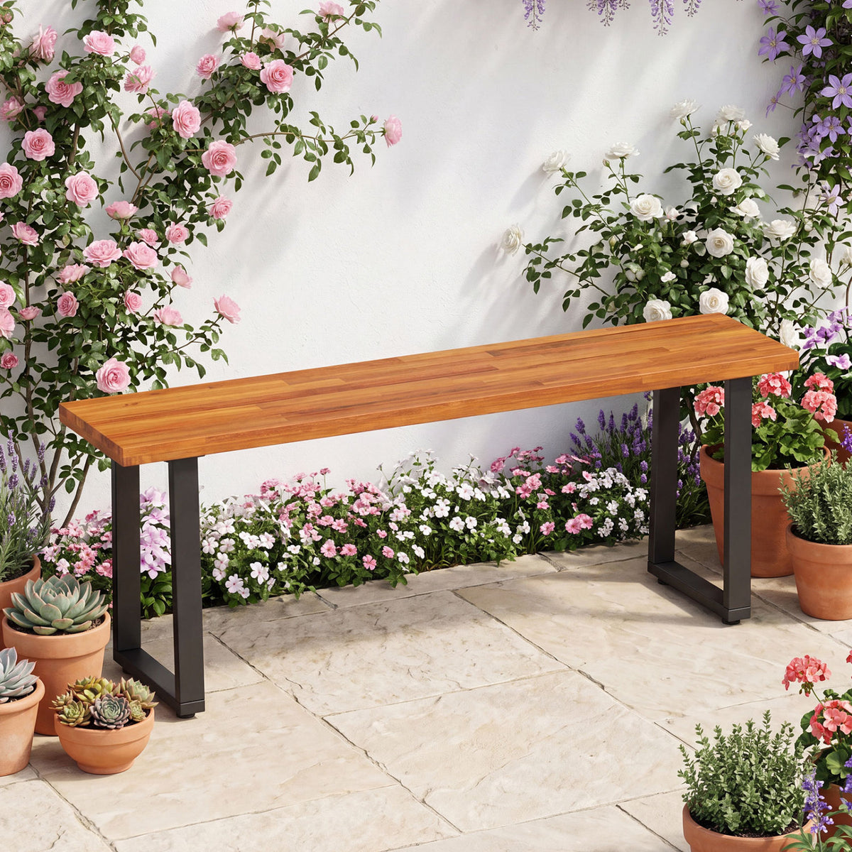 Set of 1 Wood Patio Bench 47.5" Long Dining Bench for Entryway Poolside