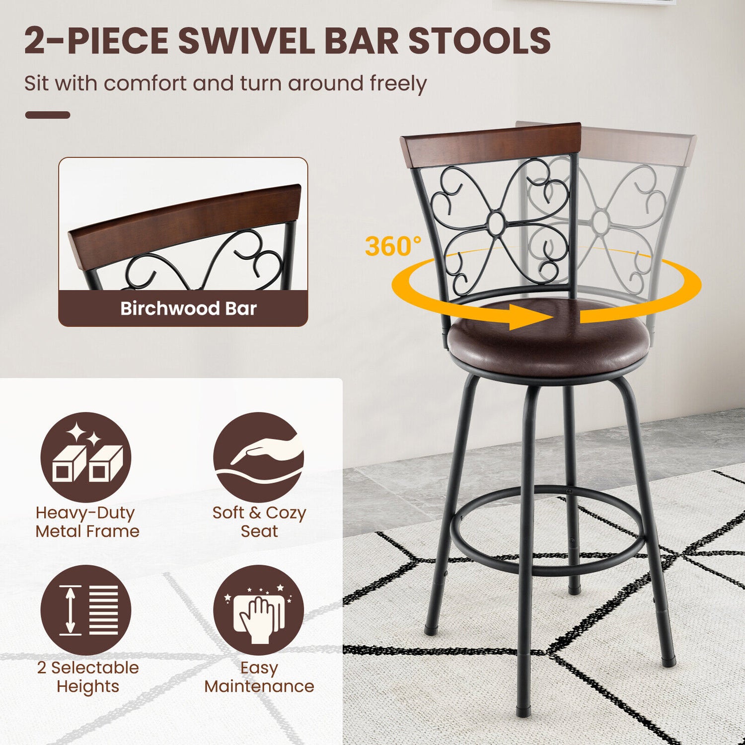 2 Pieces 24-30 Inch Adjustable PU Cushioned Swivel Barstools-Brown