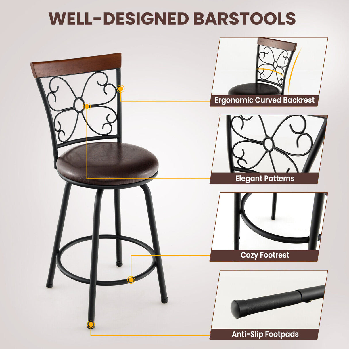 2 Pieces 24-30 Inch Adjustable PU Cushioned Swivel Barstools-Brown