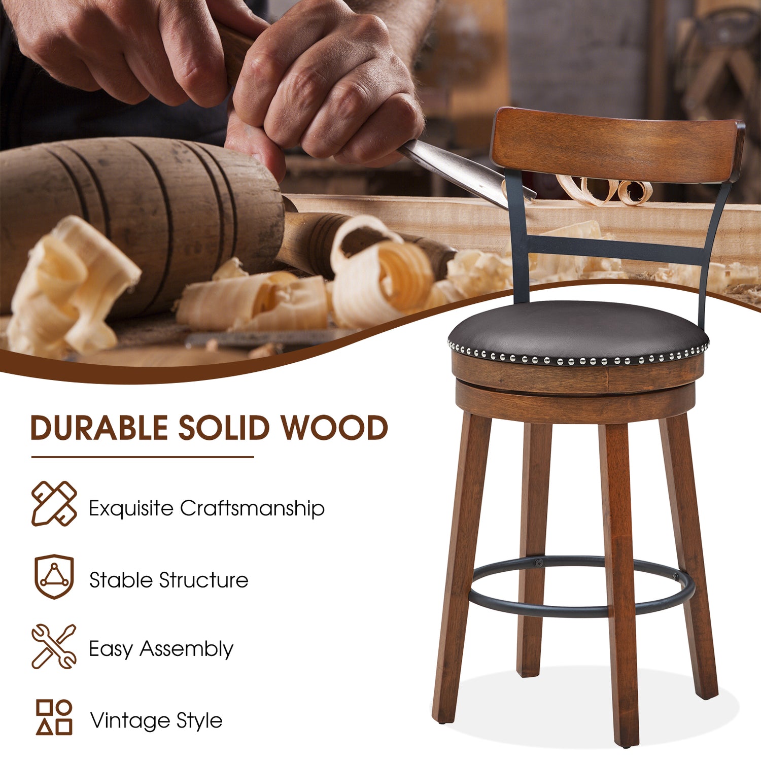 Set of 2 25.5 Inch Swivel Counter Height Bar Stool