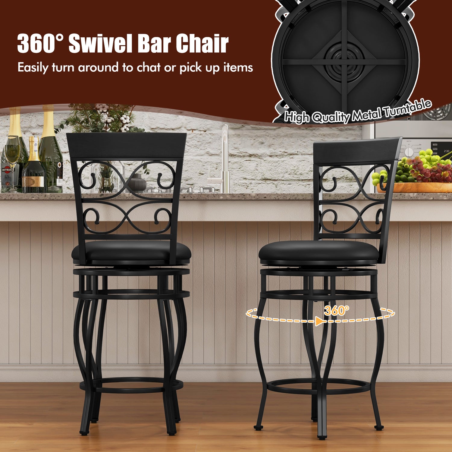 Set of 2 26 Inch Bar Stool with Backrest and Footrest