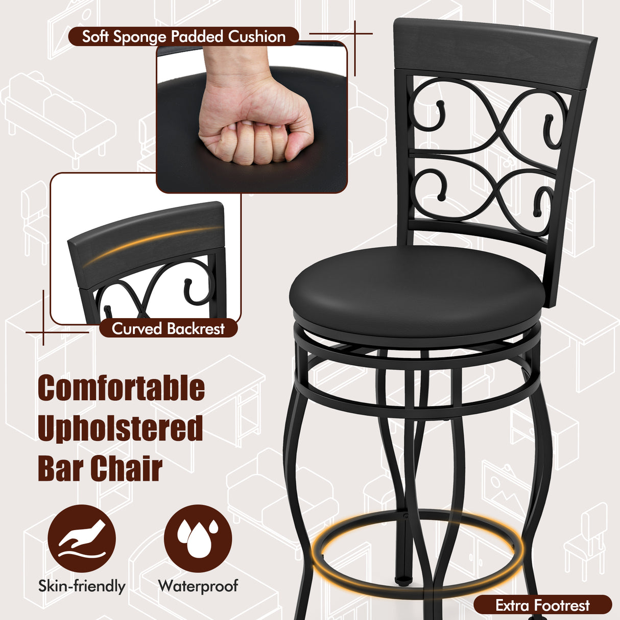 Set of 2 26 Inch Bar Stool with Backrest and Footrest