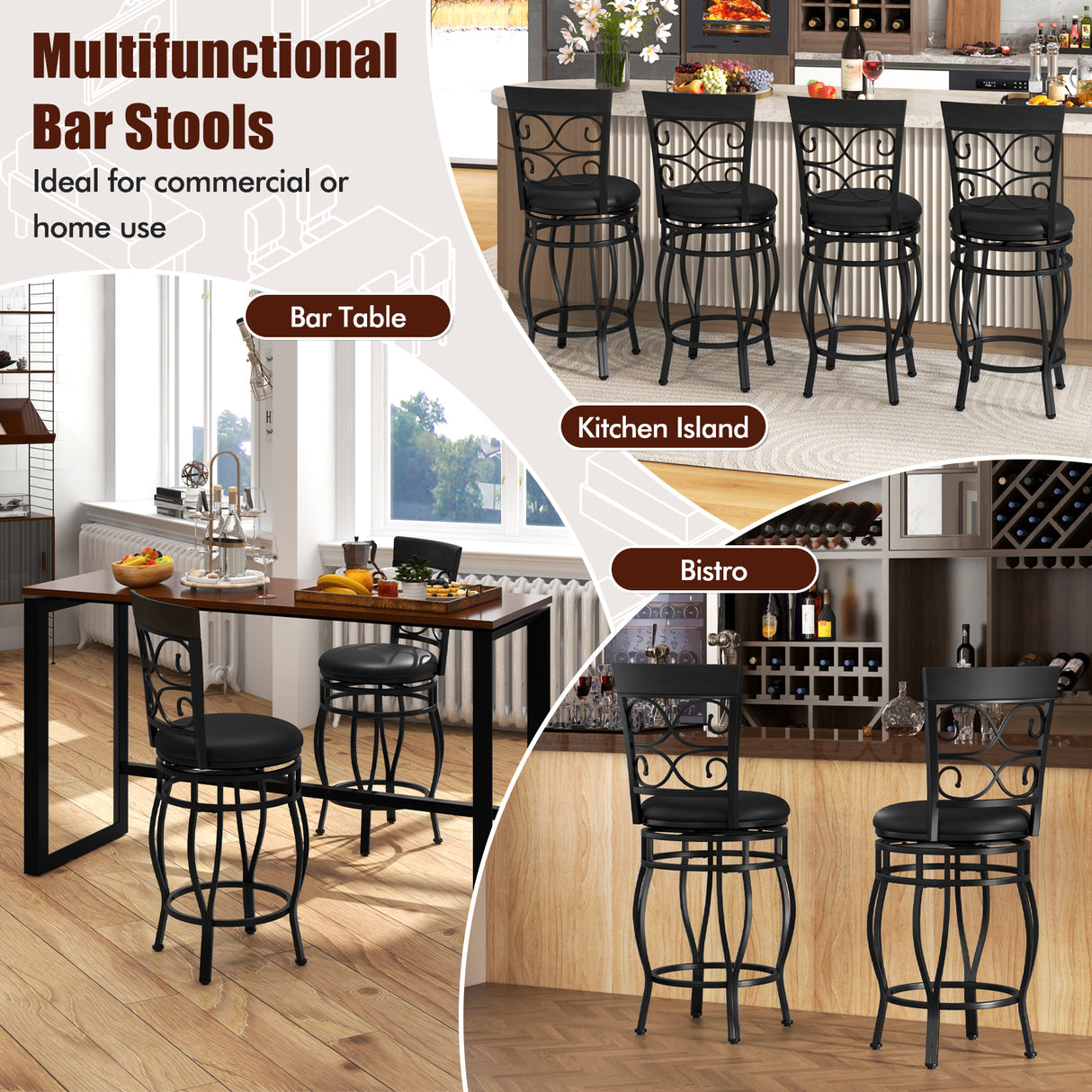 Set of 2 26 Inch Bar Stool with Backrest and Footrest